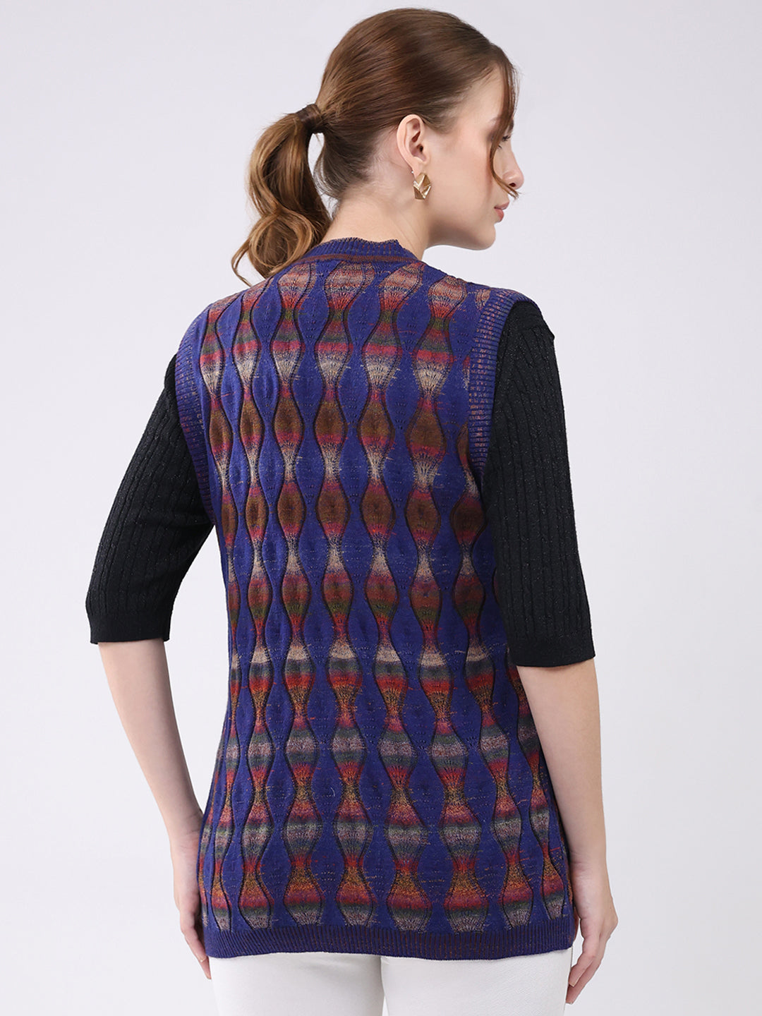 Women Blue Self Design V Neck Sleeveless Cardigan