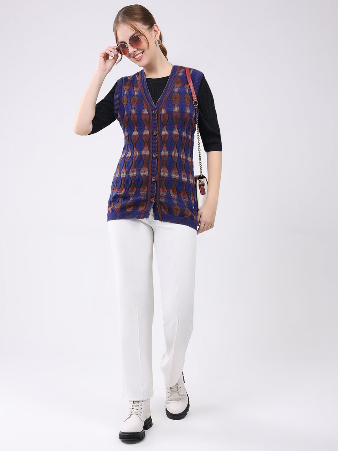 Women Blue Self Design V Neck Sleeveless Cardigan