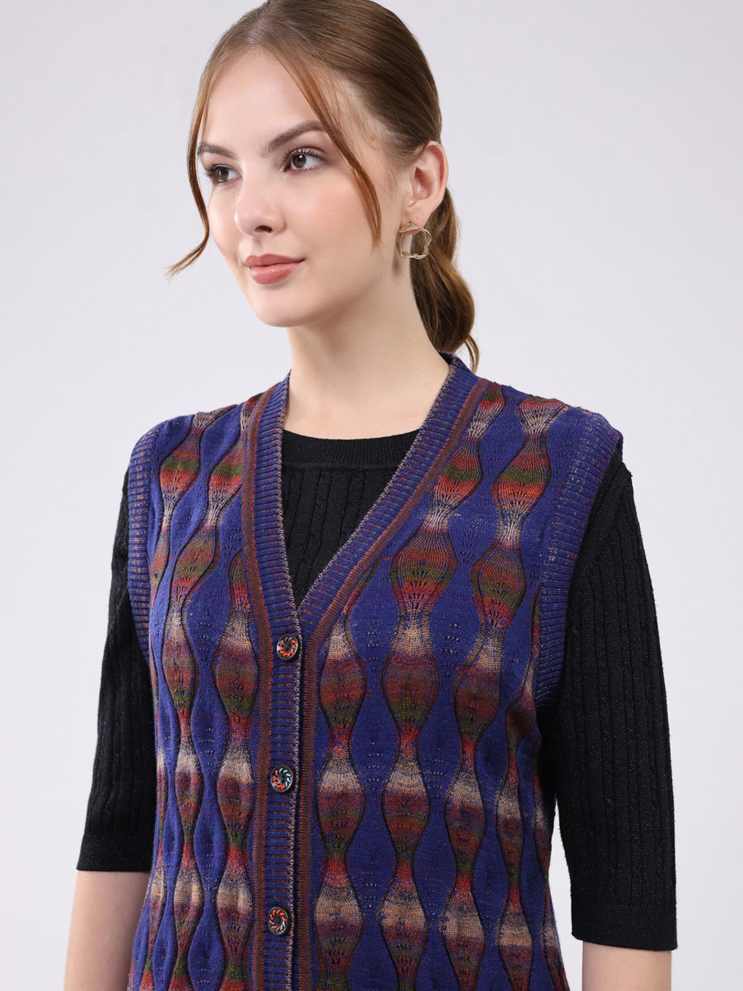 Women Blue Self Design V Neck Sleeveless Cardigan