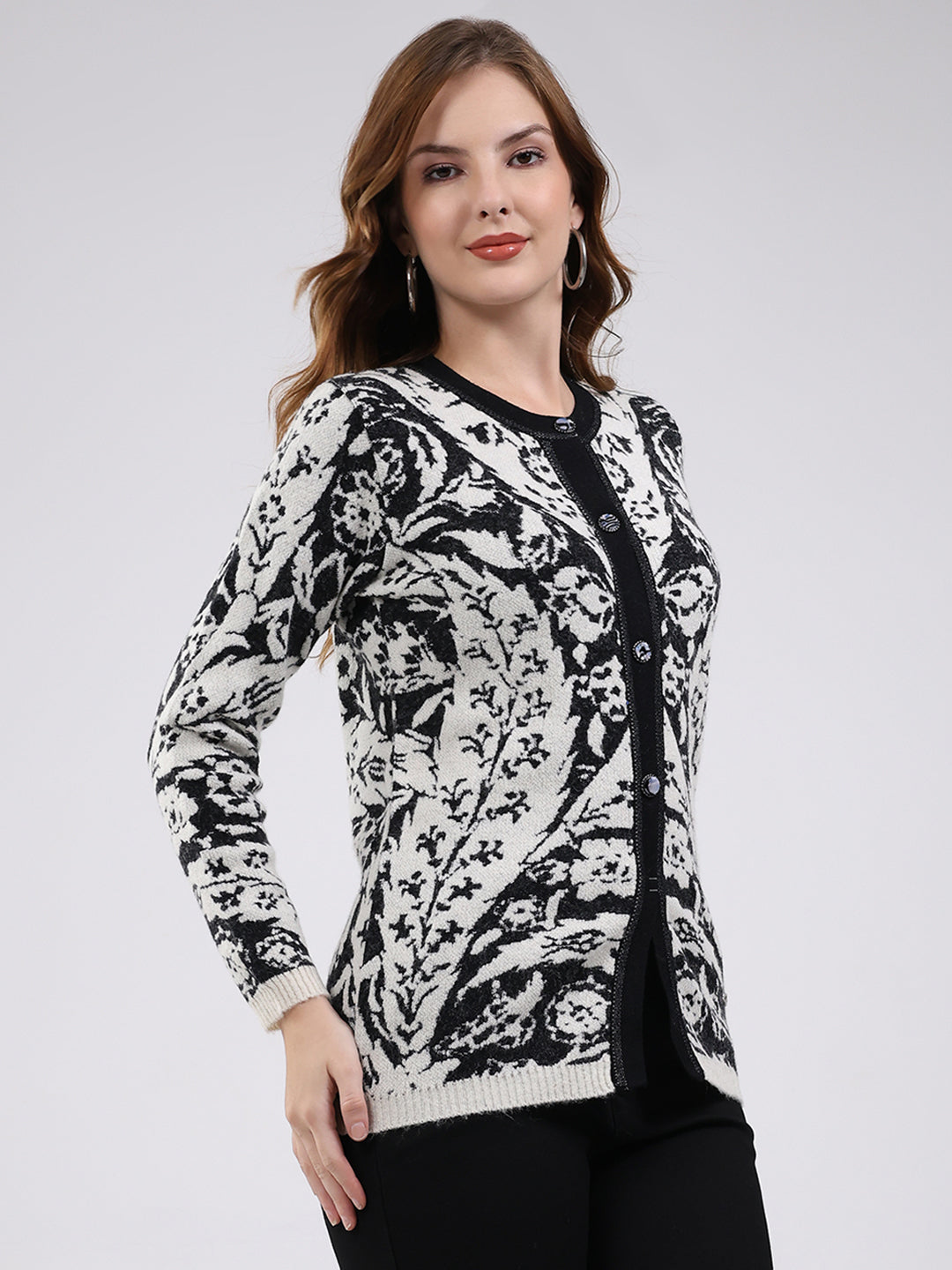 Women Off White Printed Round Neck Full Sleeve Cardigan