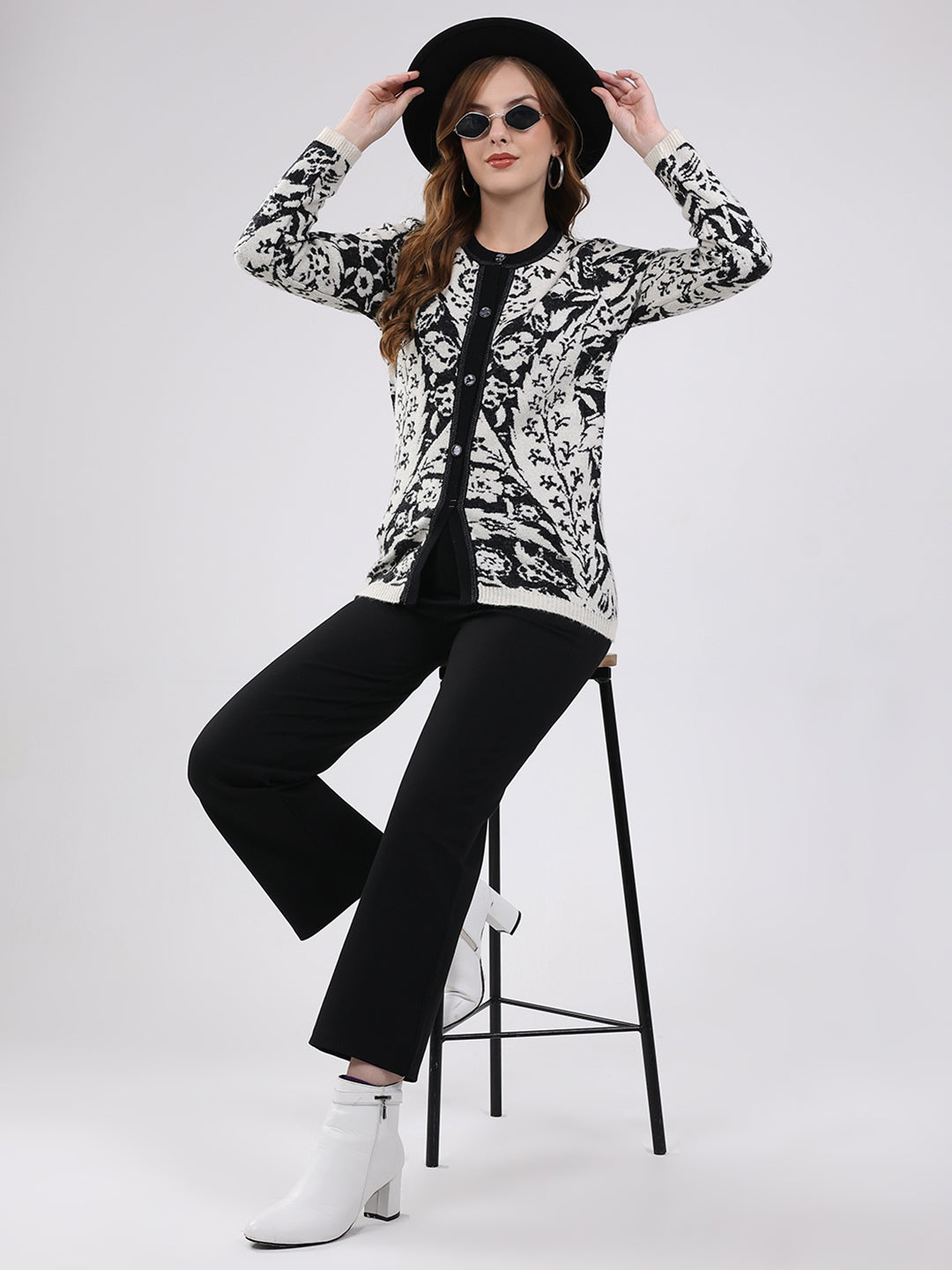 Women Off White Printed Round Neck Full Sleeve Cardigan