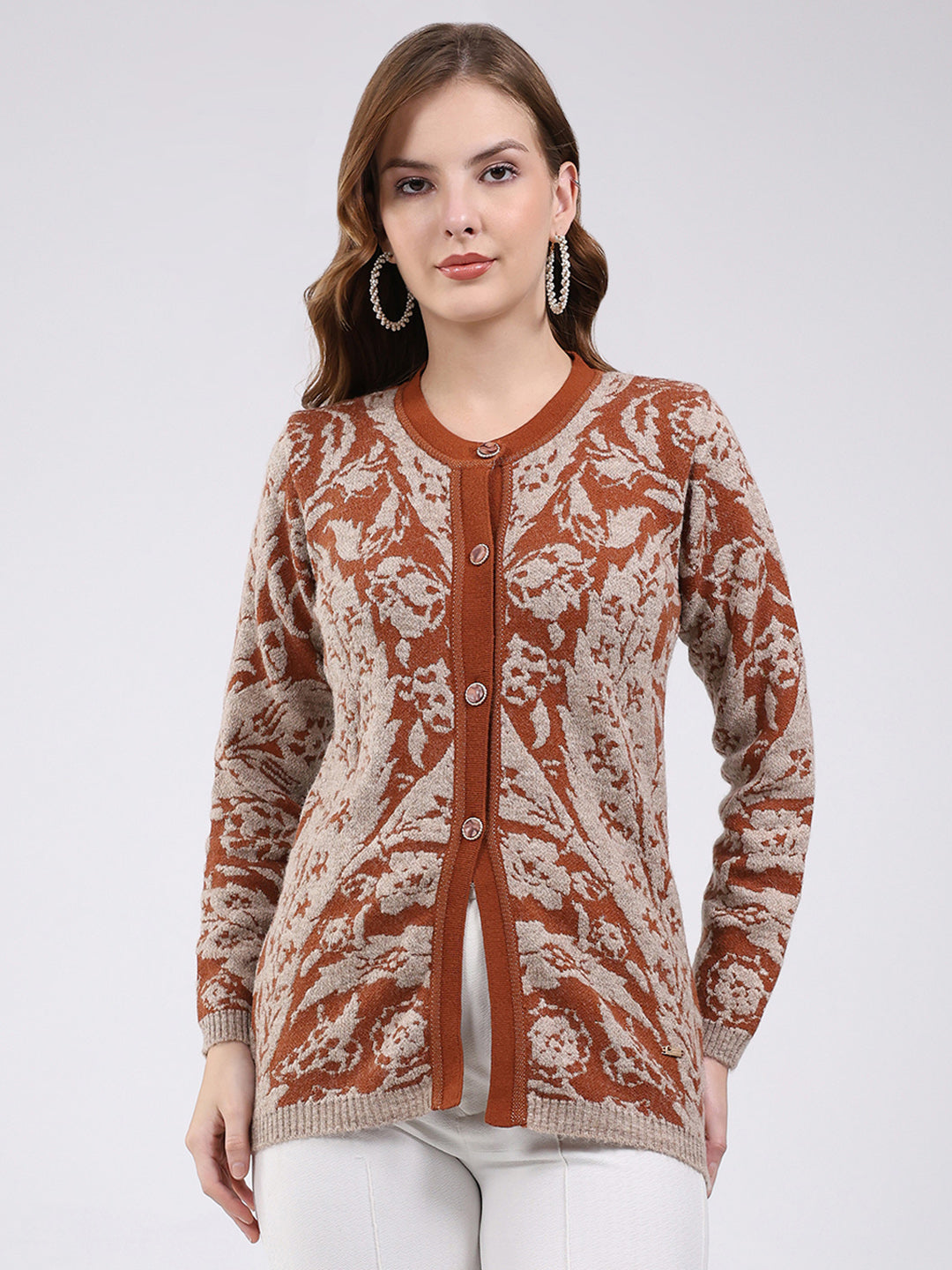 Women Rust Printed Round Neck Full Sleeve Cardigan