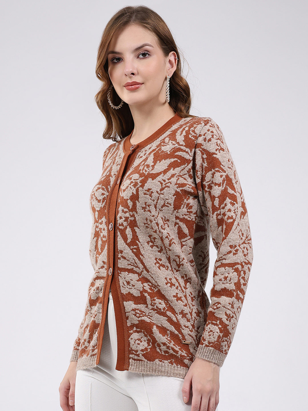 Women Rust Printed Round Neck Full Sleeve Cardigan