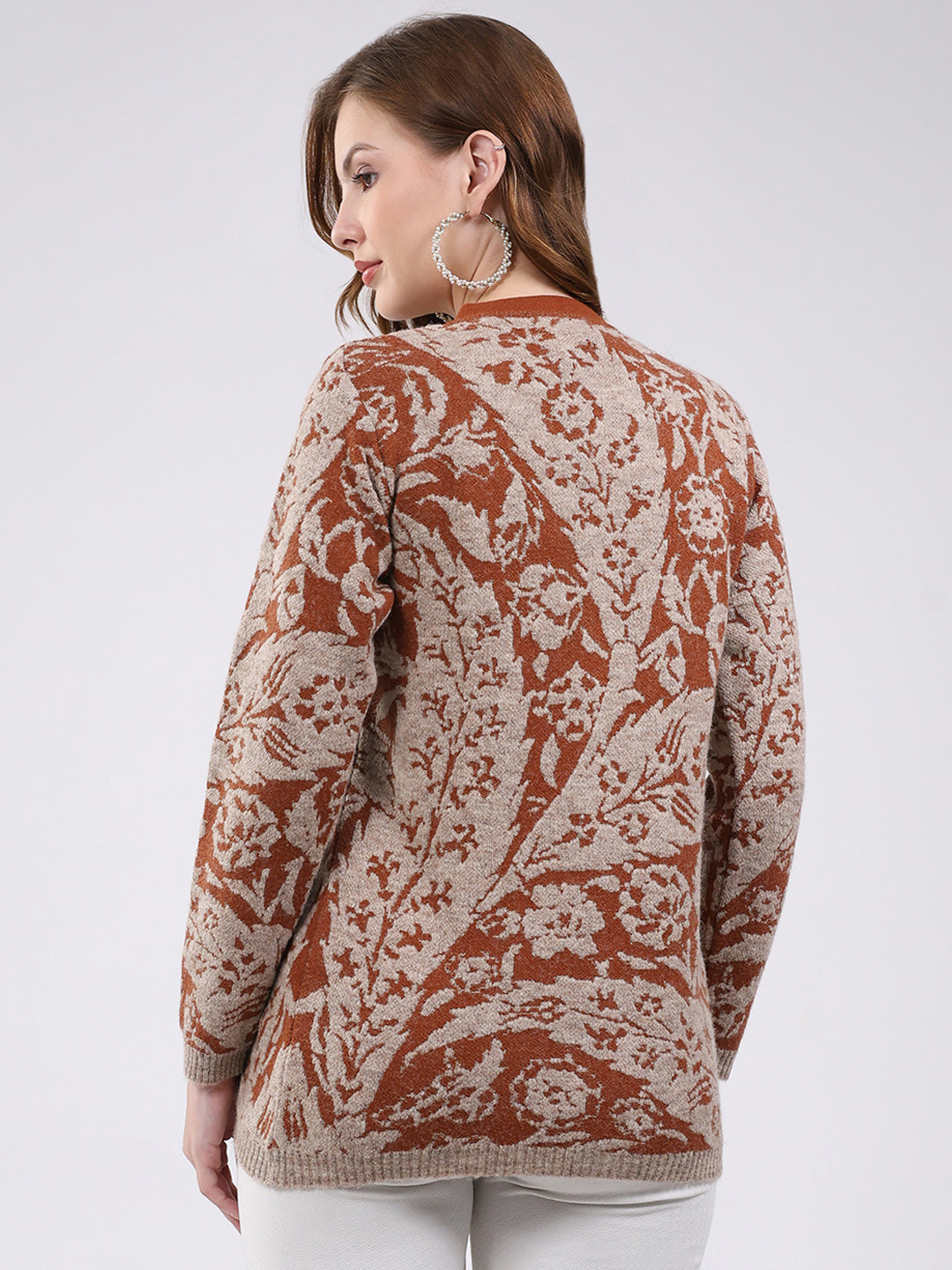 Women Rust Printed Round Neck Full Sleeve Cardigan