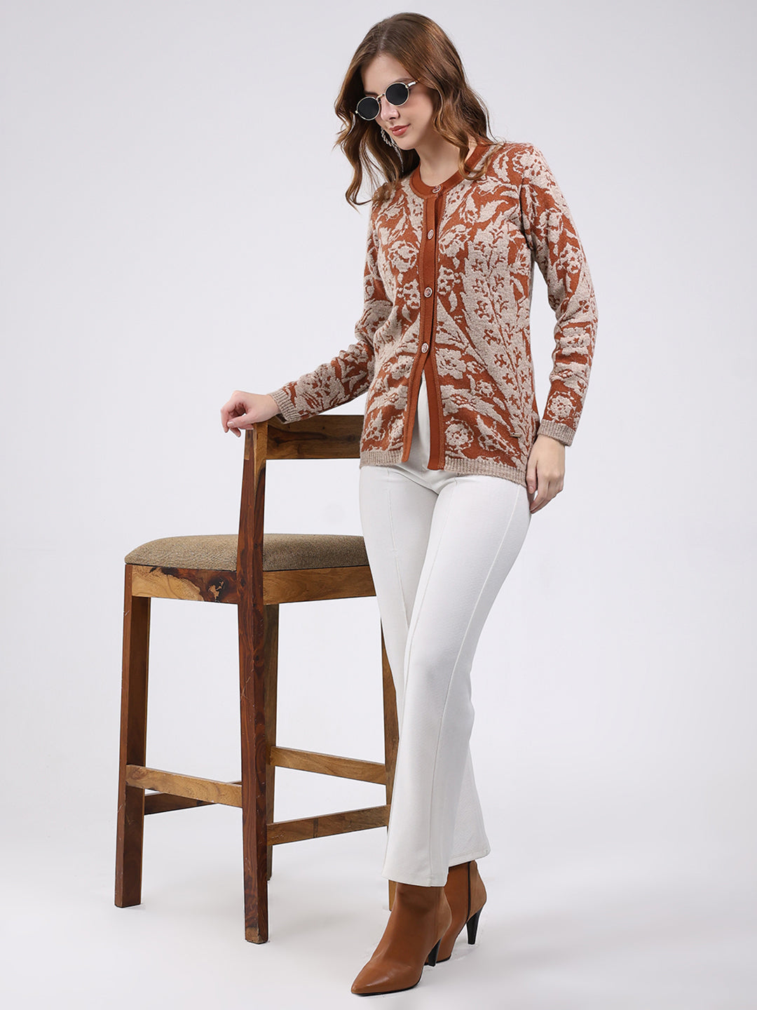 Women Rust Printed Round Neck Full Sleeve Cardigan