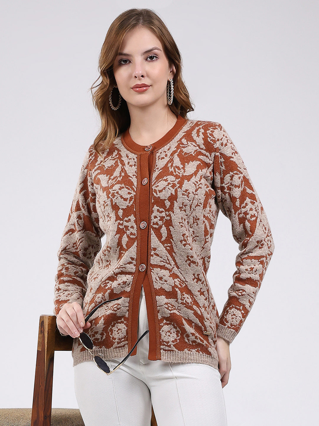 Women Rust Printed Round Neck Full Sleeve Cardigan