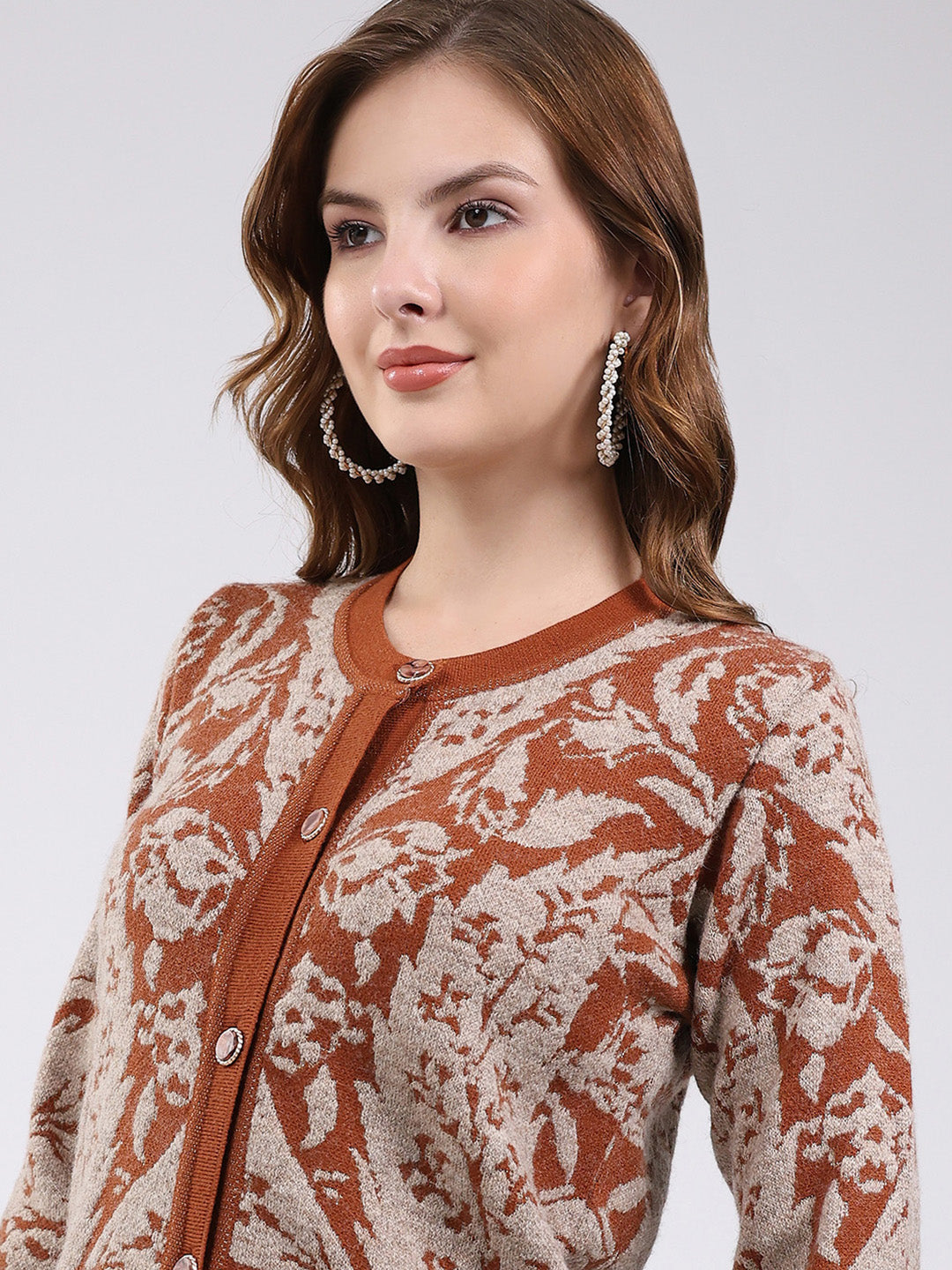 Women Rust Printed Round Neck Full Sleeve Cardigan
