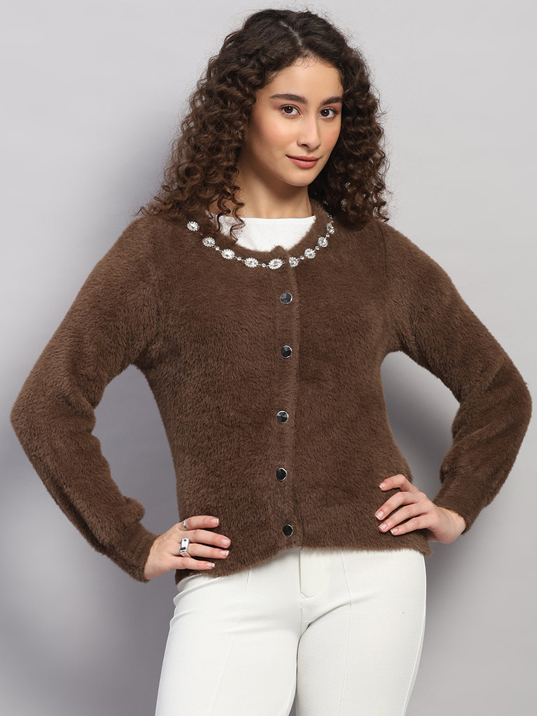 Women Brown Jaquard Round Neck Full Sleeve Cardigan