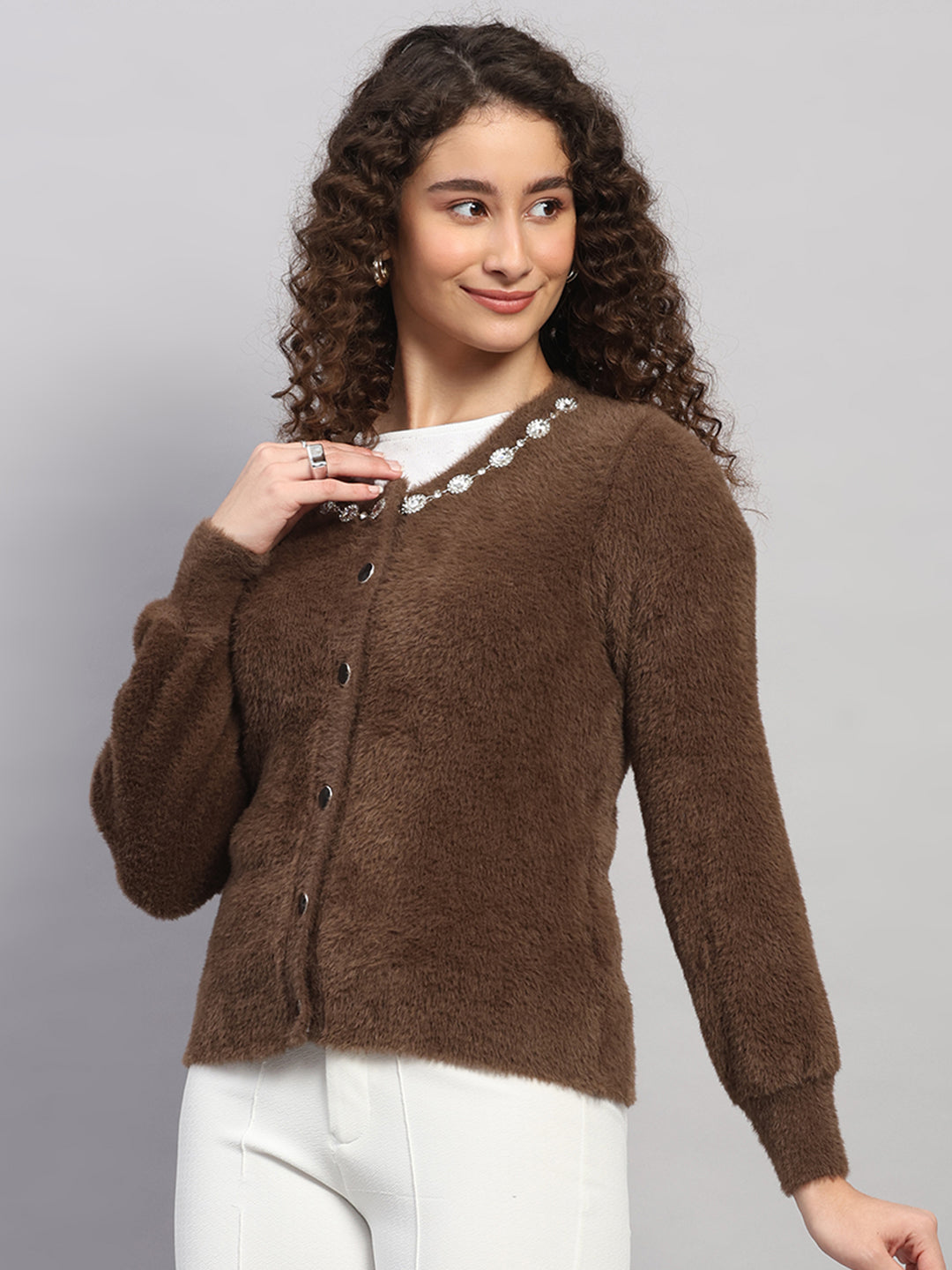 Women Brown Jaquard Round Neck Full Sleeve Cardigan