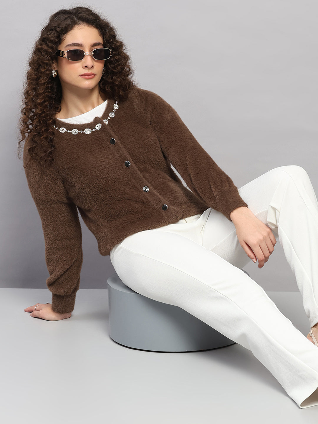 Women Brown Jaquard Round Neck Full Sleeve Cardigan