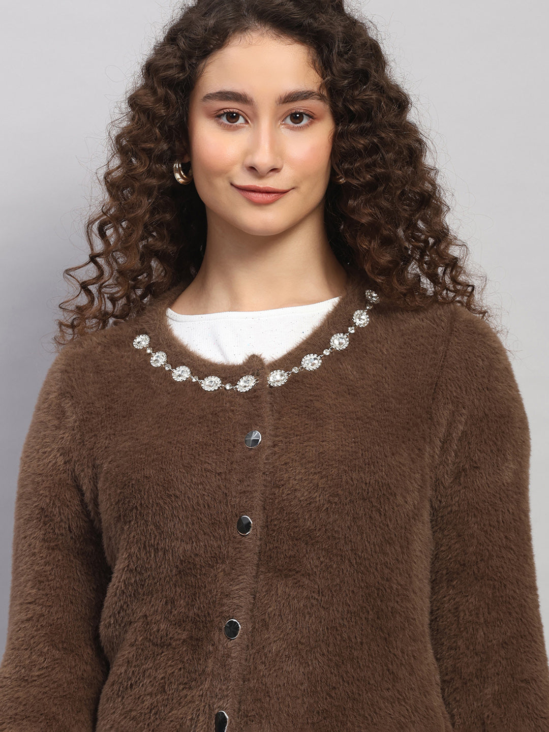 Women Brown Jaquard Round Neck Full Sleeve Cardigan