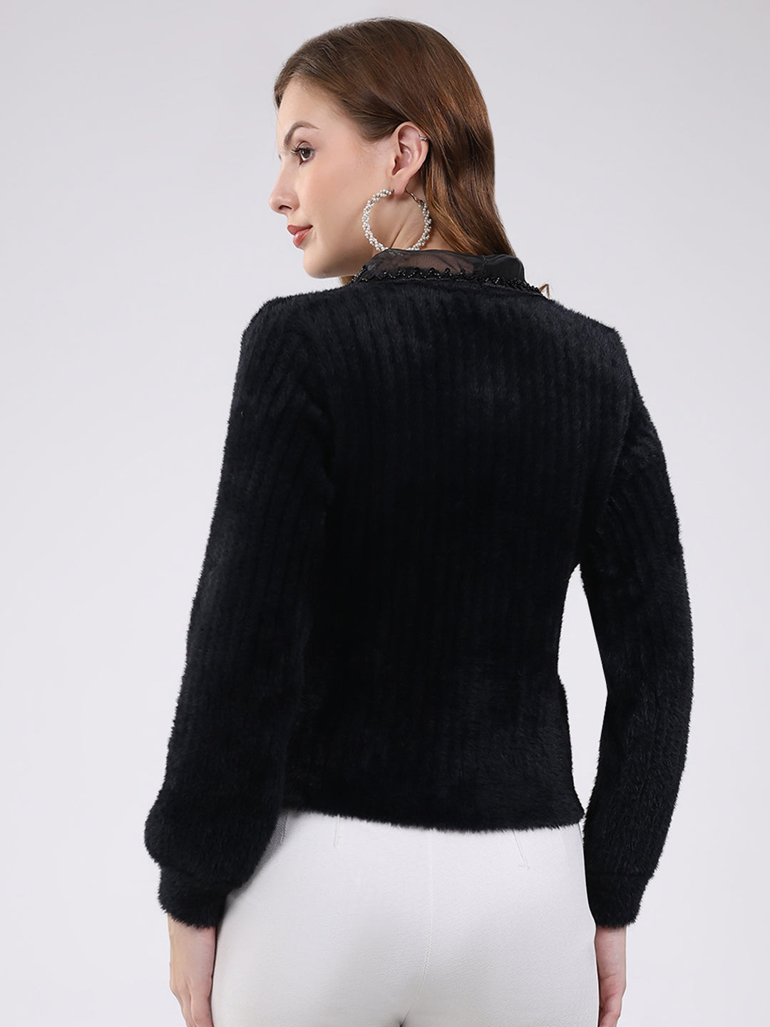 Women Black Self Design Collar Full Sleeve Cardigan