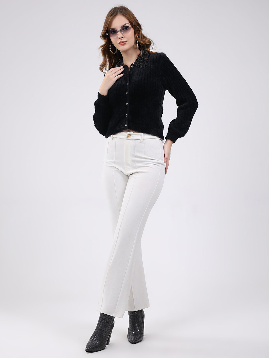 Women Black Self Design Collar Full Sleeve Cardigan