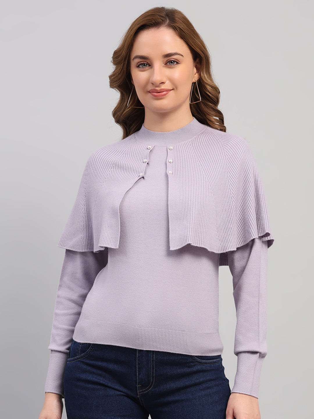 Women Light Grey Self Design Round Neck Full Sleeve Winter Top