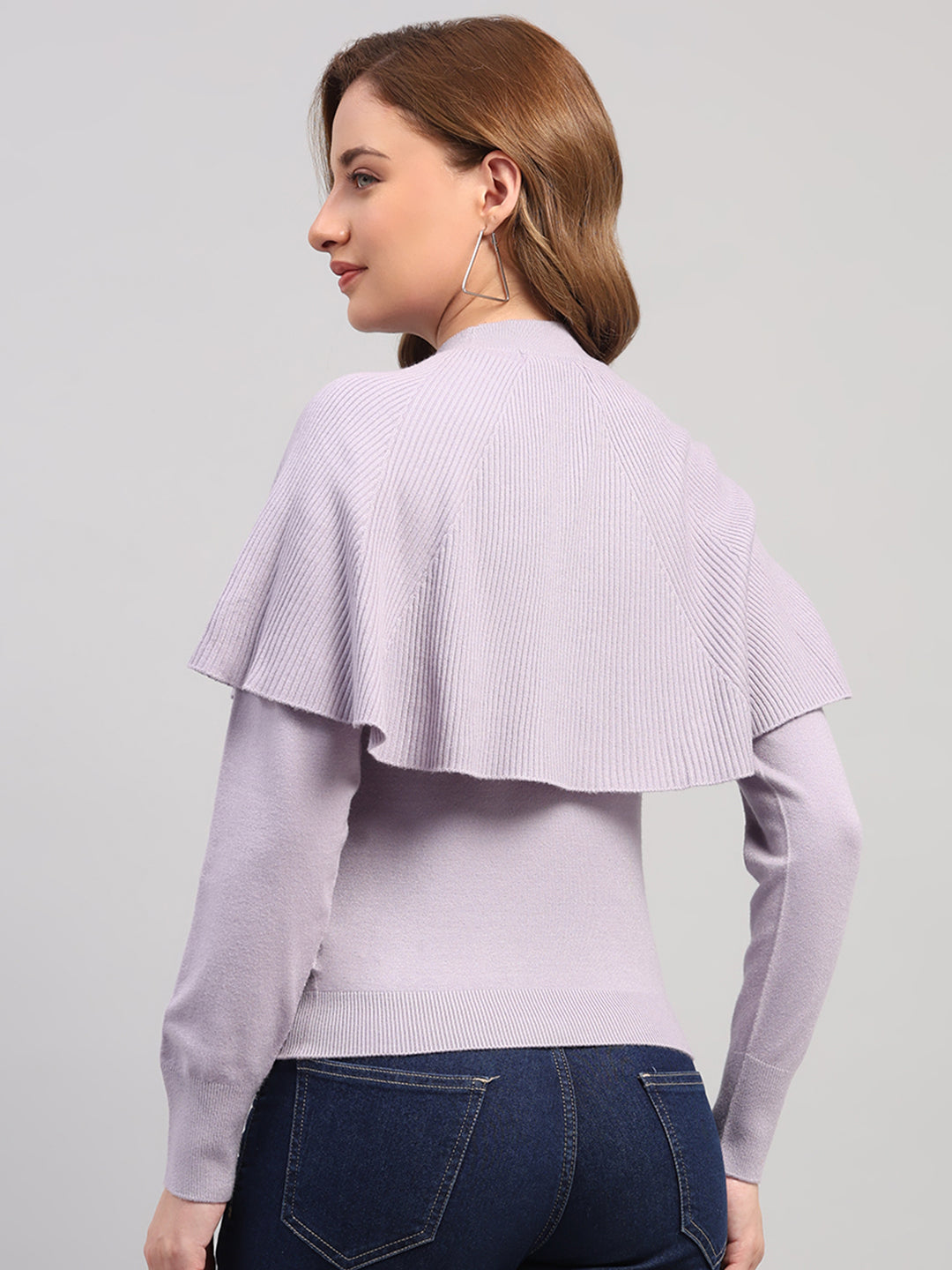 Women Light Grey Self Design Round Neck Full Sleeve Winter Top