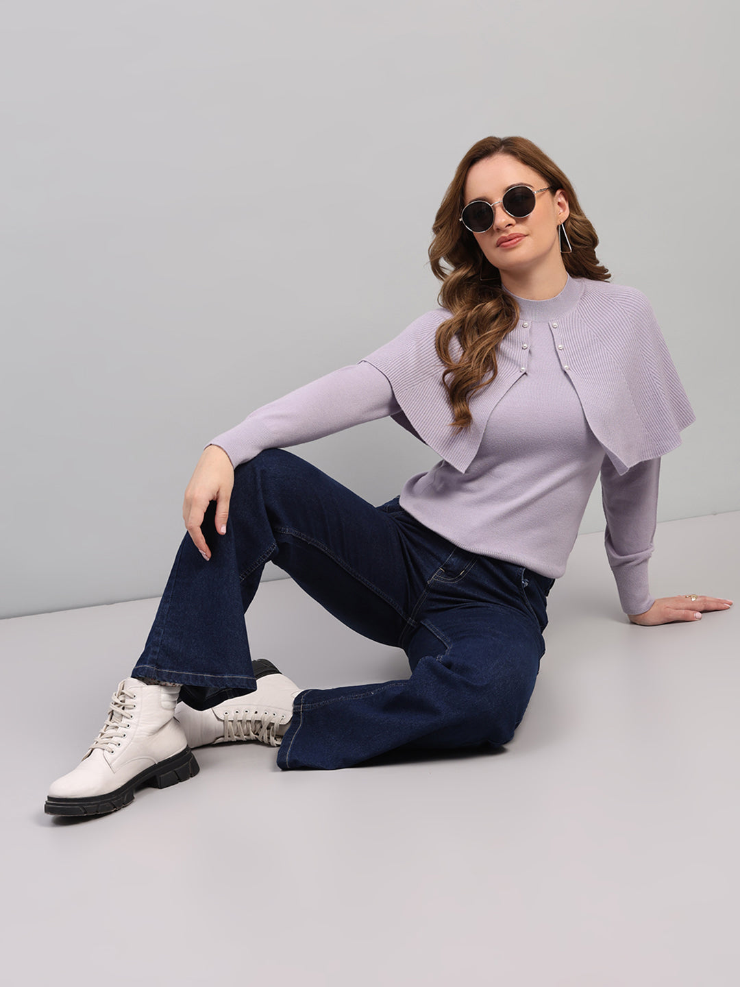 Women Light Grey Self Design Round Neck Full Sleeve Winter Top