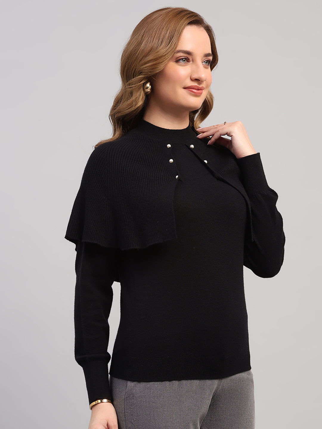 Women Black Self Design Round Neck Full Sleeve Winter Top