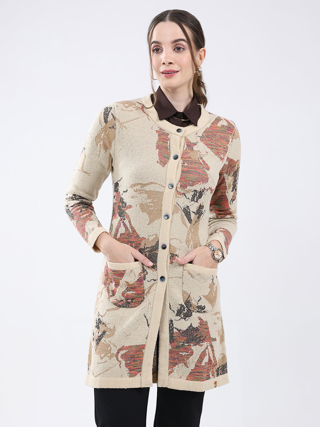 Women Beige Self Design Round Neck Full Sleeve Cardigan