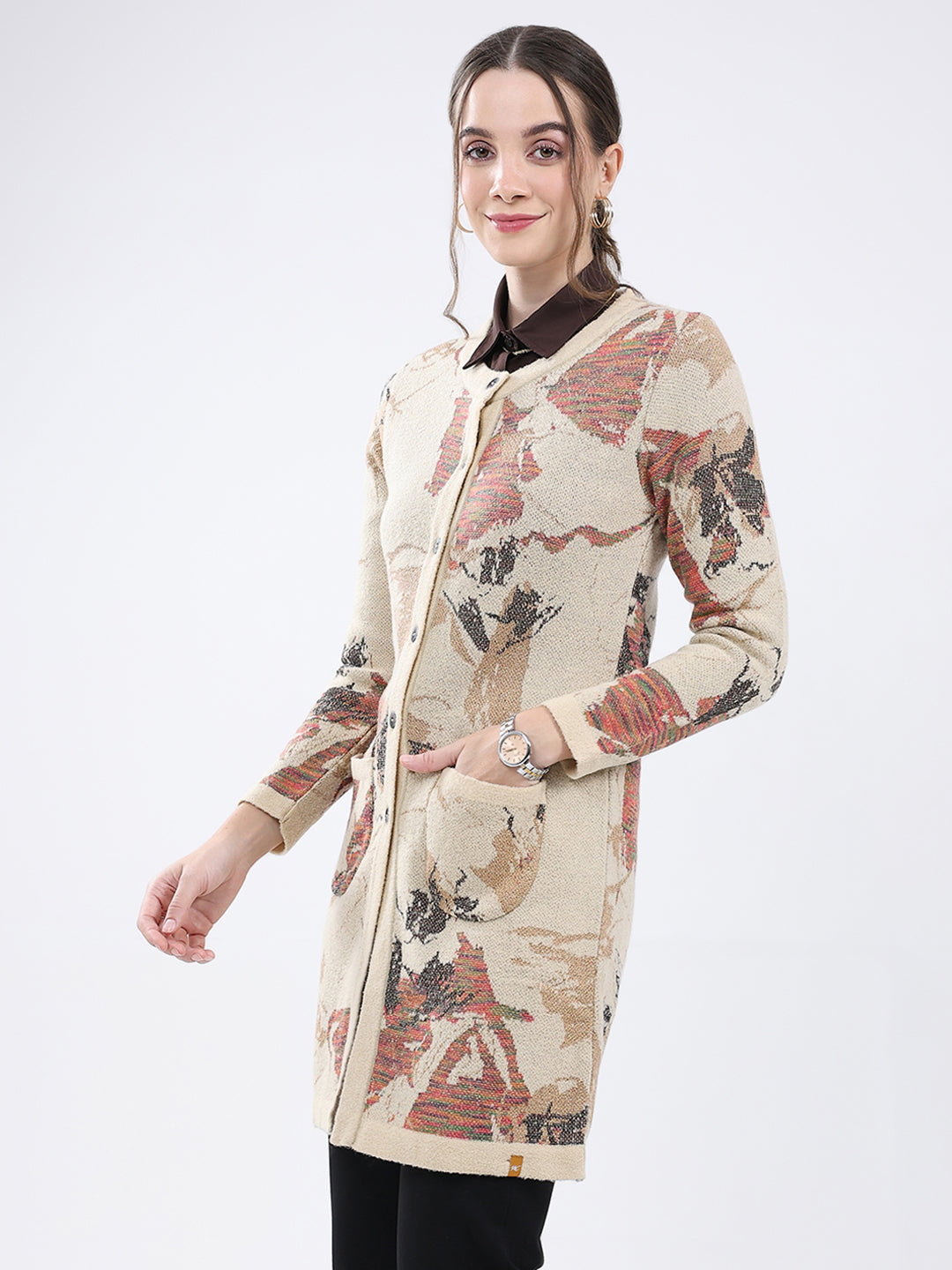 Women Beige Self Design Round Neck Full Sleeve Cardigan