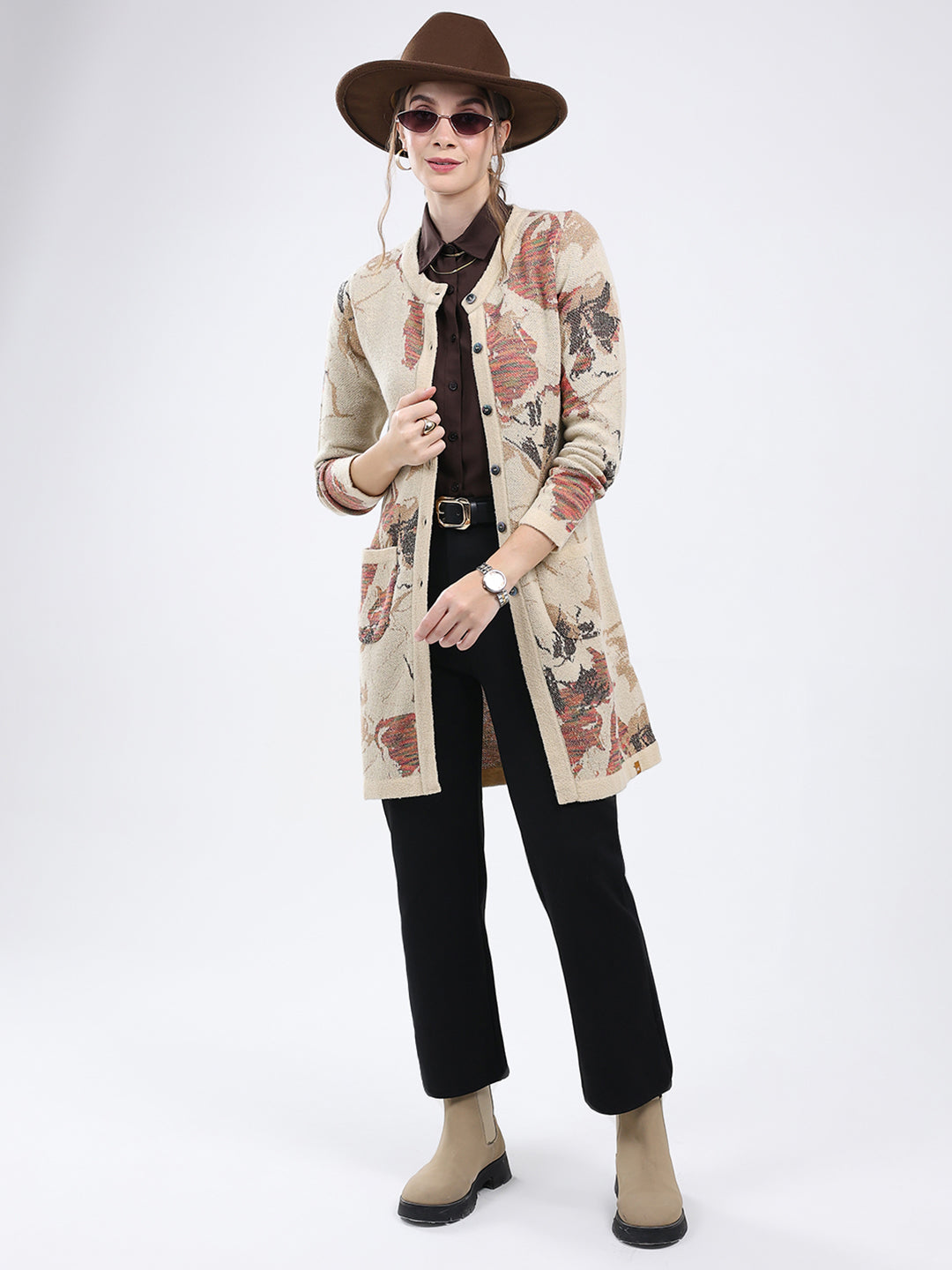 Women Beige Self Design Round Neck Full Sleeve Cardigan