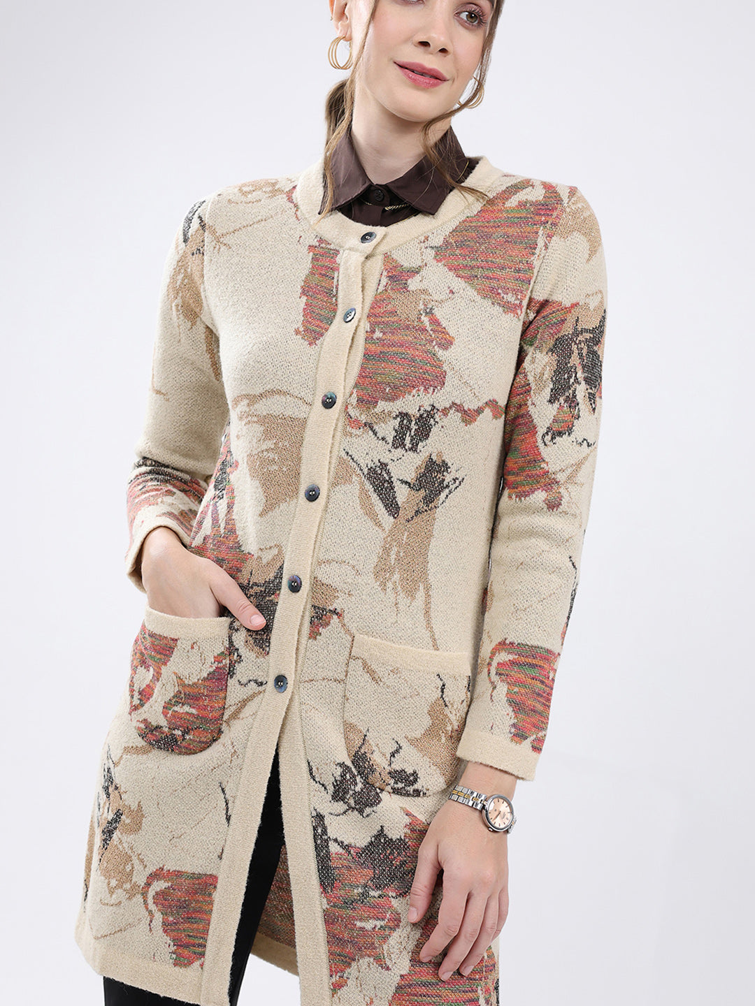 Women Beige Self Design Round Neck Full Sleeve Cardigan