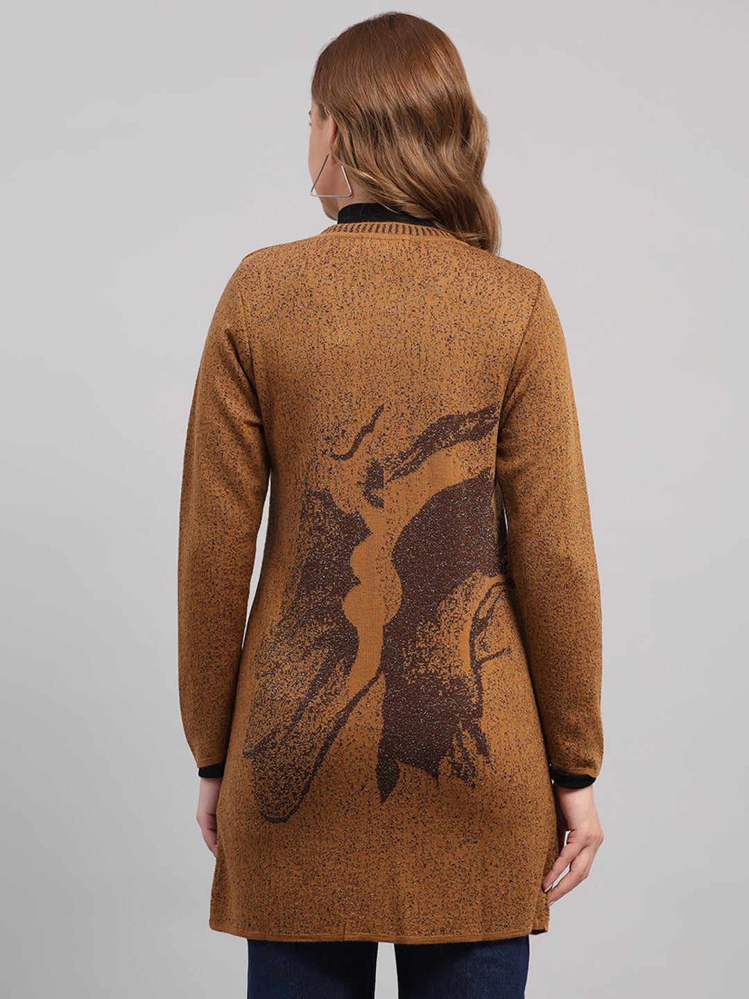 Women Camel Brown Printed Round Neck Full Sleeve Cardigan