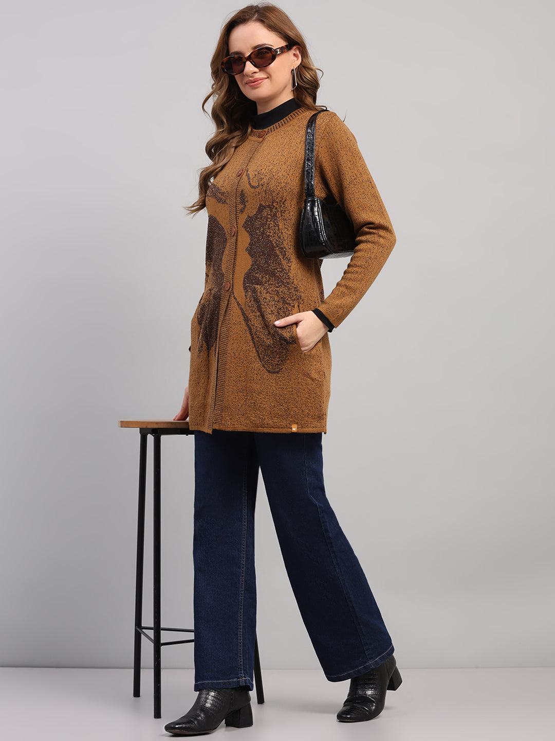 Women Camel Brown Printed Round Neck Full Sleeve Cardigan
