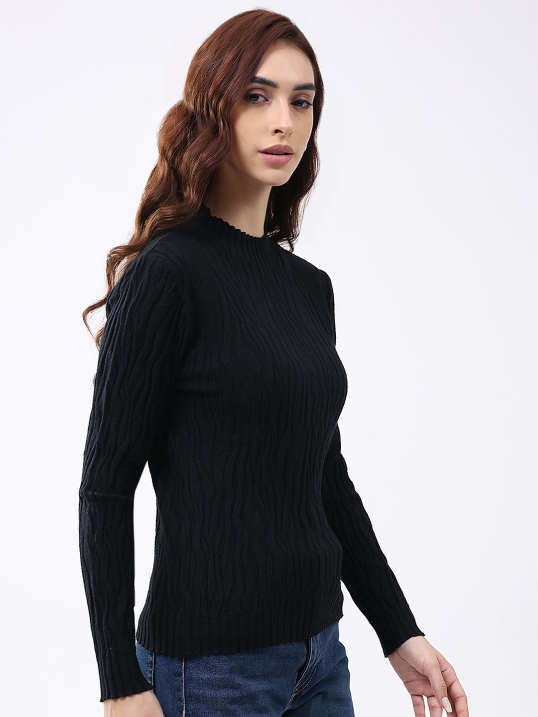 Women Black Self Design Round Neck Full Sleeve Winter Top