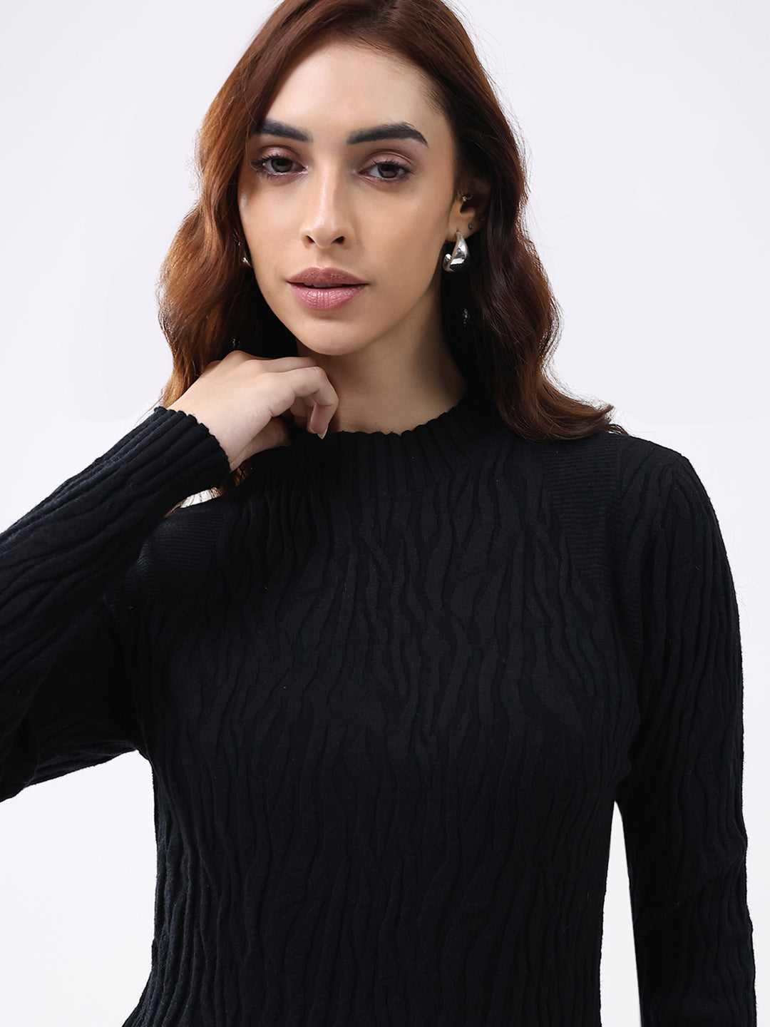 Women Black Self Design Round Neck Full Sleeve Winter Top