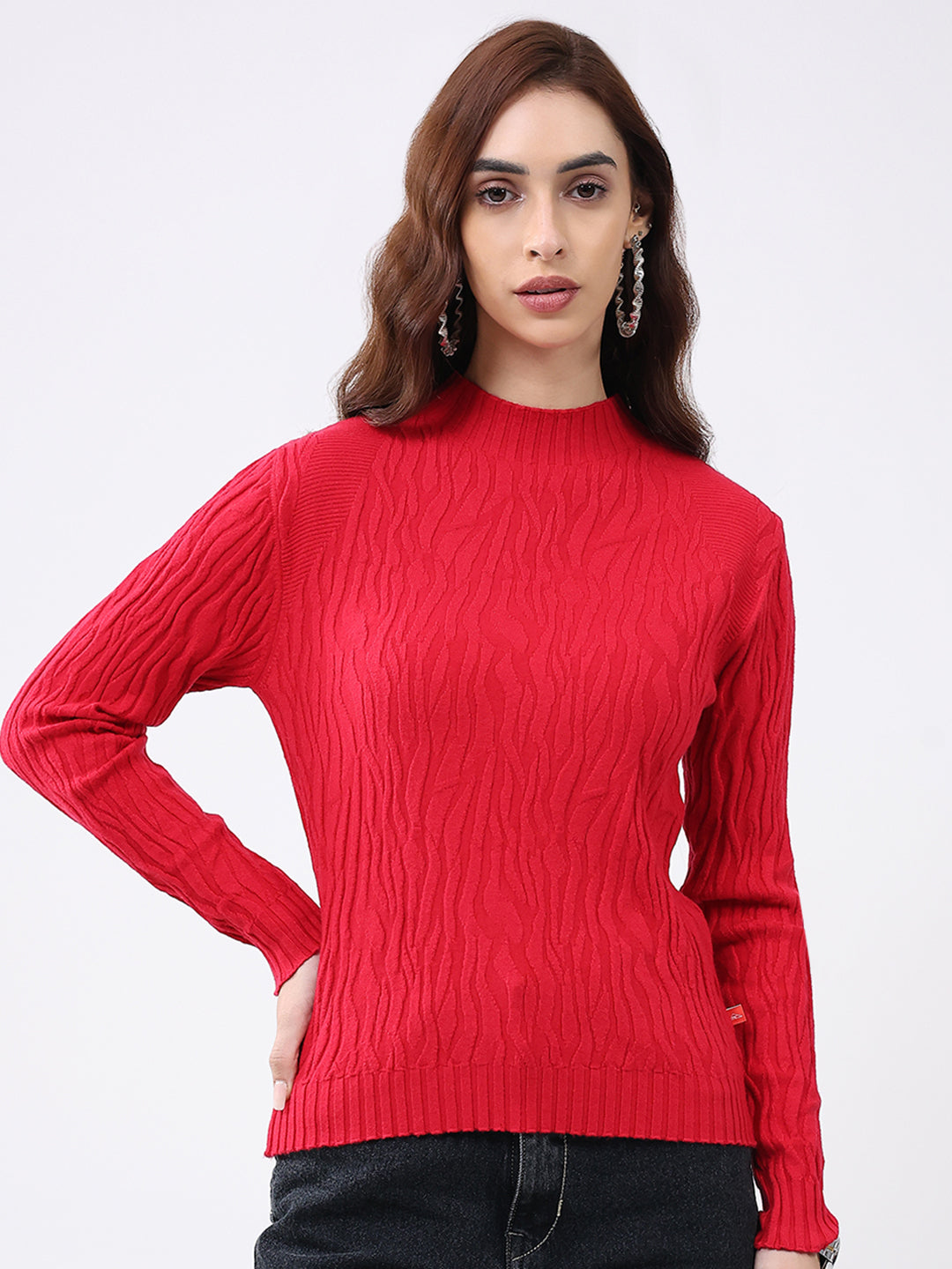 Women Red Self Design Round Neck Full Sleeve Winter Top