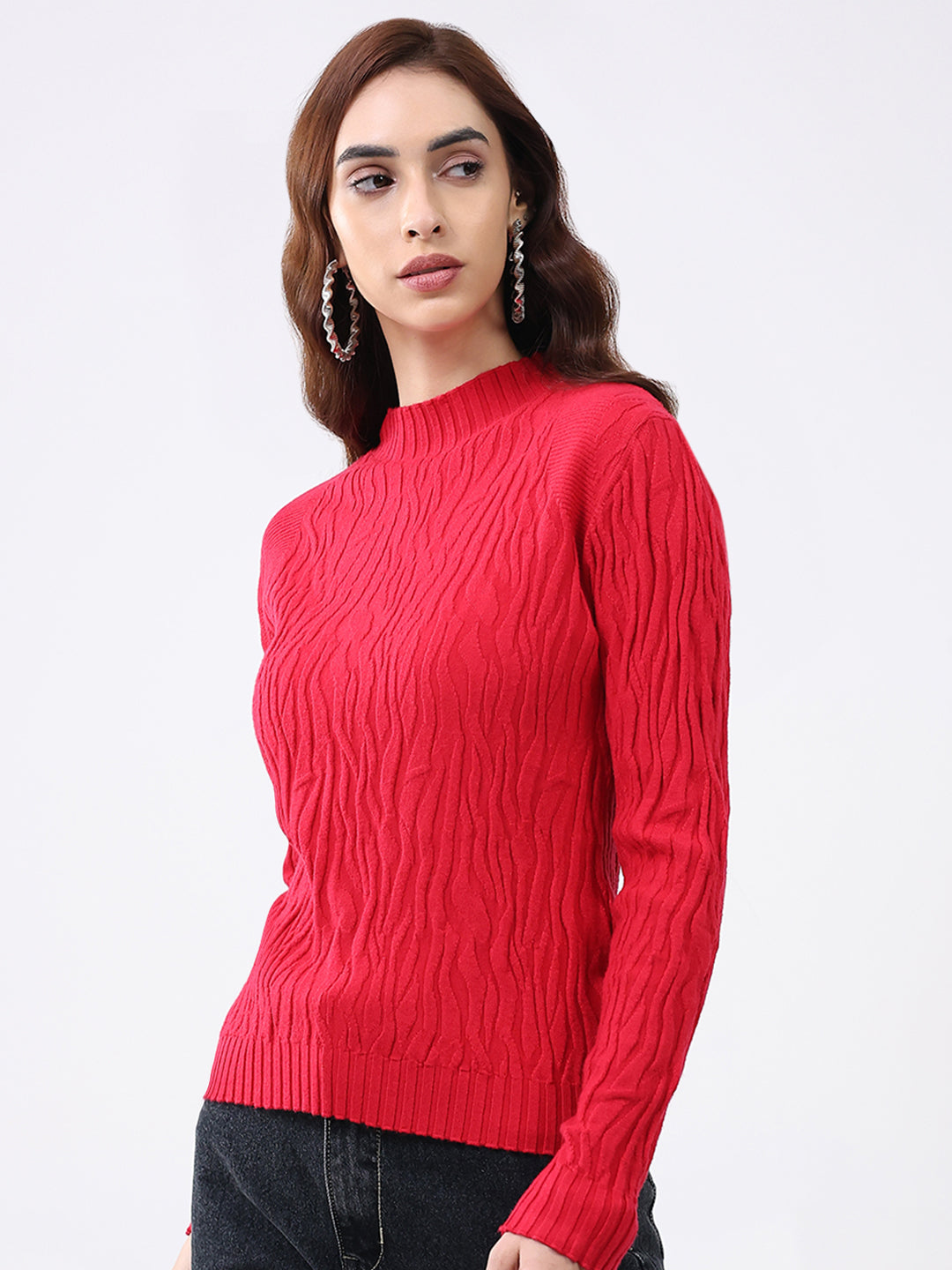 Women Red Self Design Round Neck Full Sleeve Winter Top