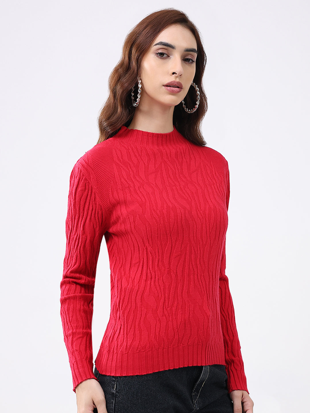 Women Red Self Design Round Neck Full Sleeve Winter Top