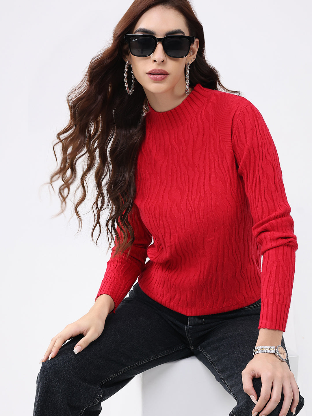 Women Red Self Design Round Neck Full Sleeve Winter Top