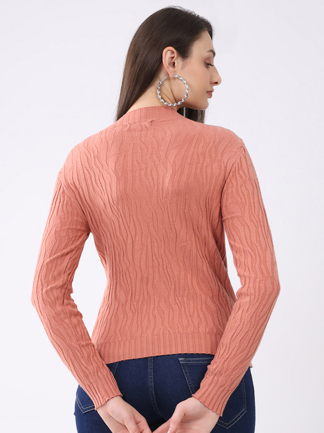 Women Rust Self Design Round Neck Full Sleeve Winter Top