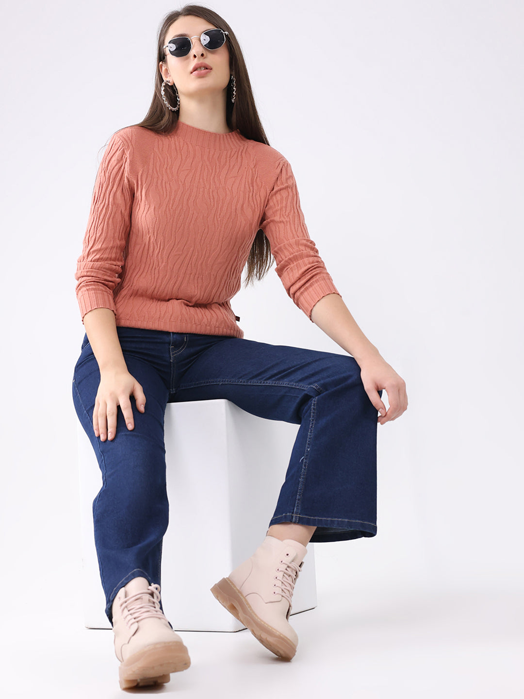 Women Rust Self Design Round Neck Full Sleeve Winter Top