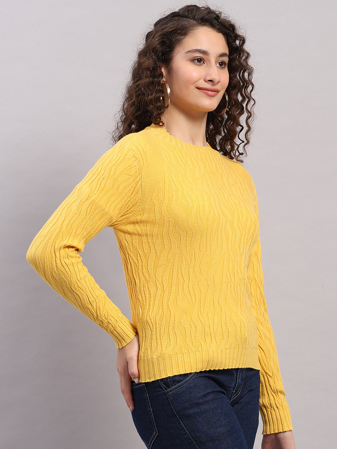 Women Yellow Printed Round Neck Full Sleeve Winter Top