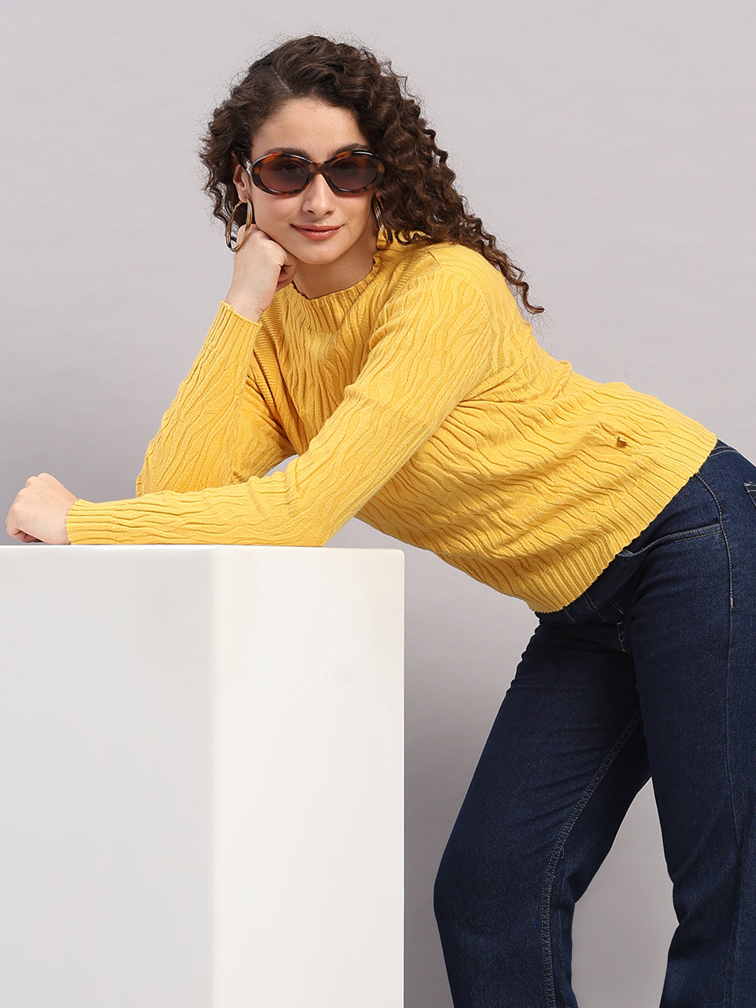 Women Yellow Printed Round Neck Full Sleeve Winter Top