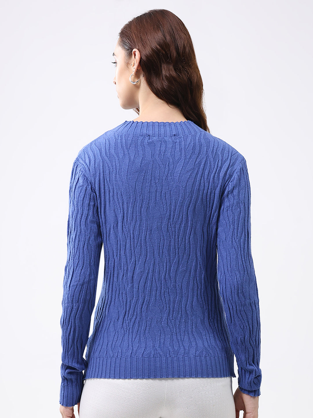 Women Blue Self Design Round Neck Full Sleeve Winter Top