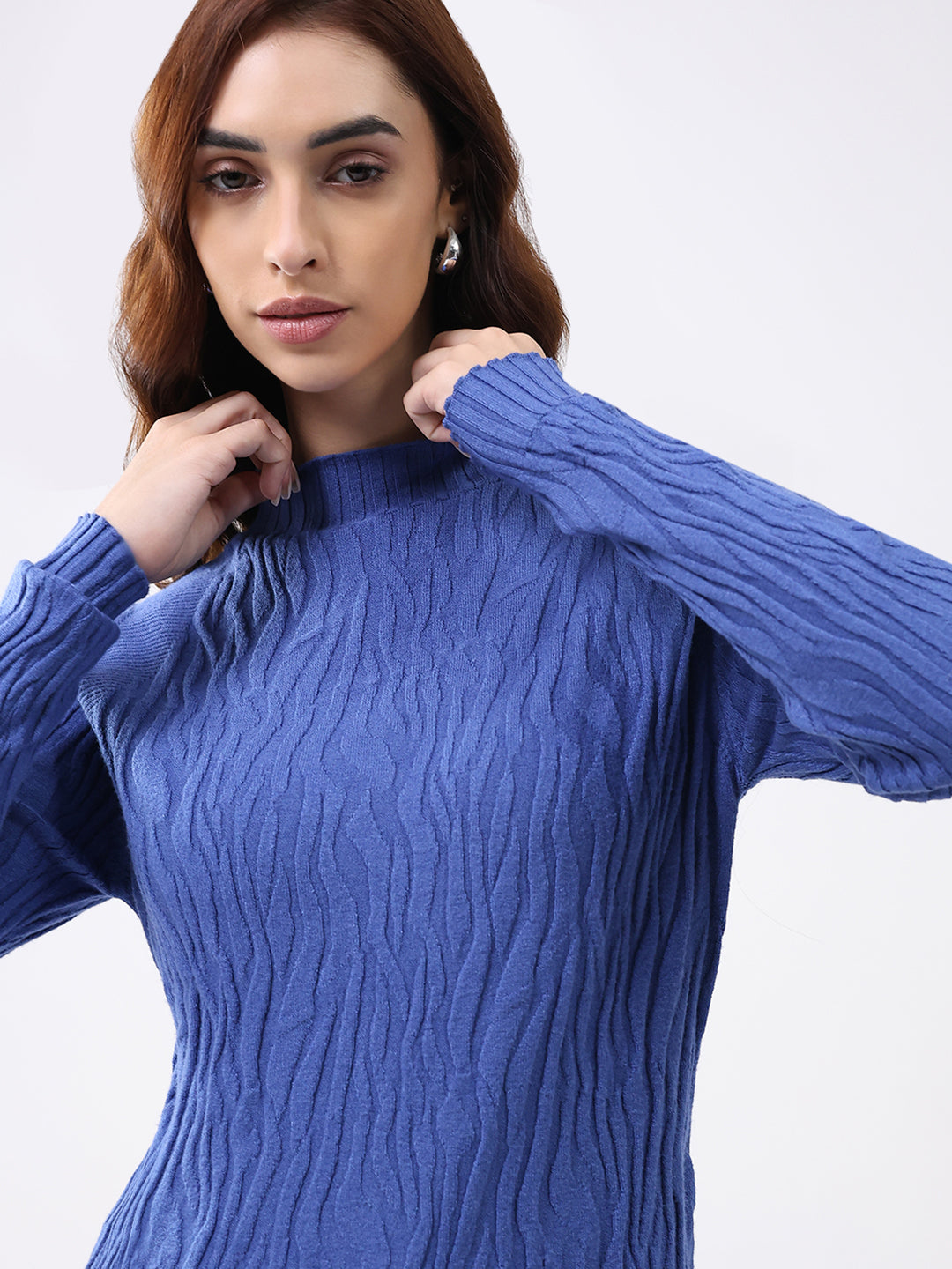 Women Blue Self Design Round Neck Full Sleeve Winter Top