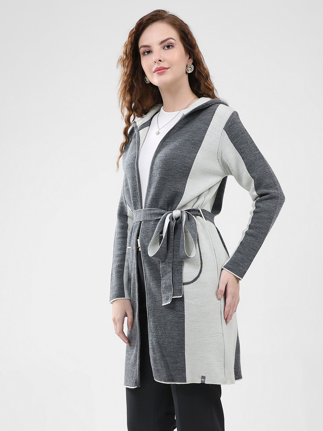 Women Grey Solid Hooded Full Sleeve Cardigan