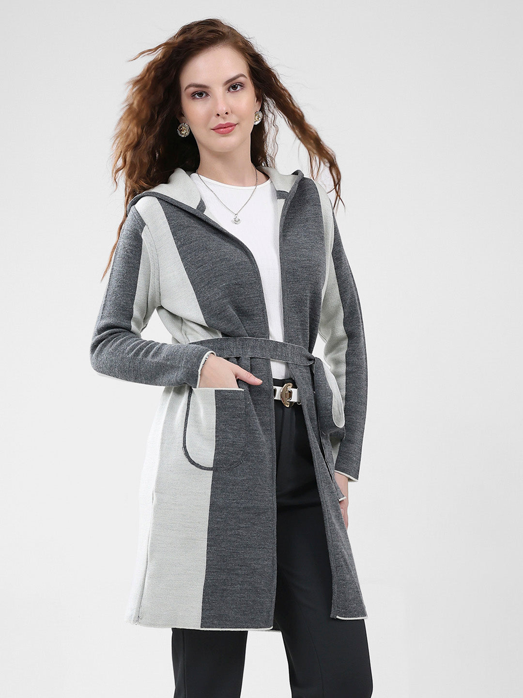 Women Grey Solid Hooded Full Sleeve Cardigan