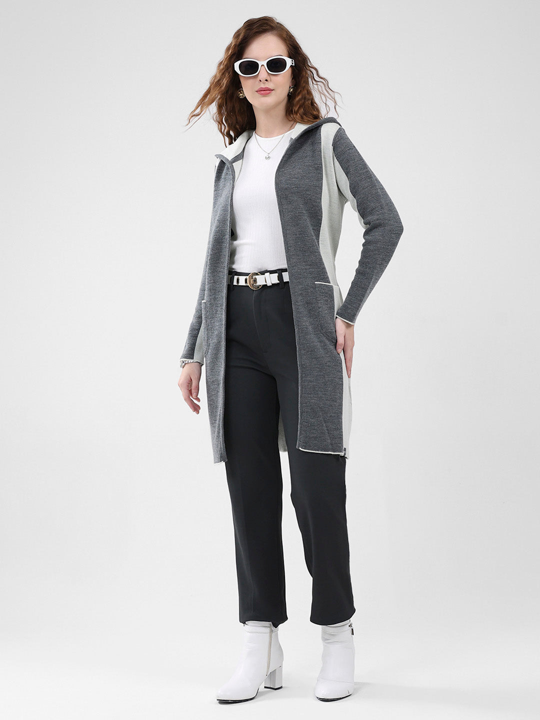 Women Grey Solid Hooded Full Sleeve Cardigan