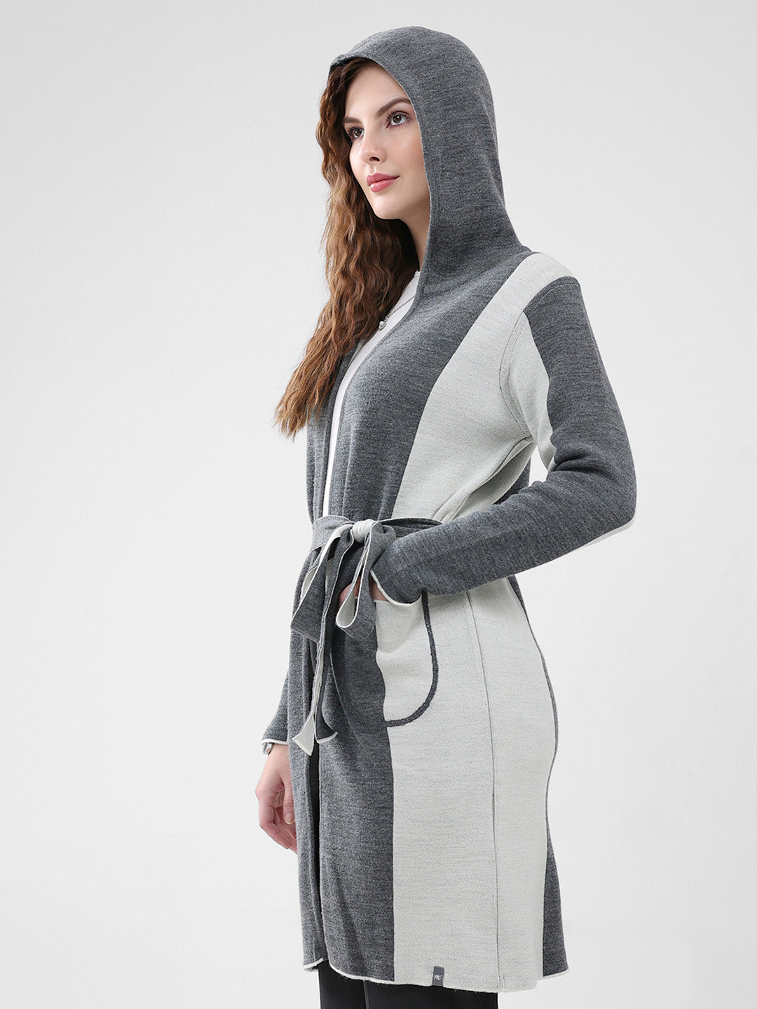 Women Grey Solid Hooded Full Sleeve Cardigan
