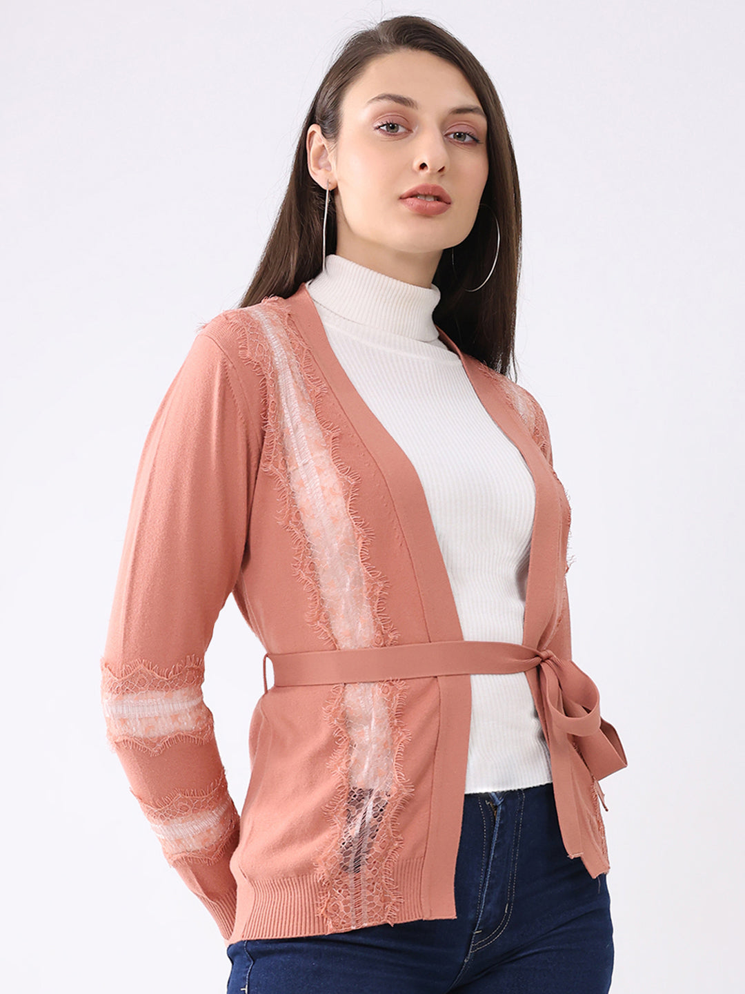 Women Pink Self Design Front Open Full Sleeve Cardigan