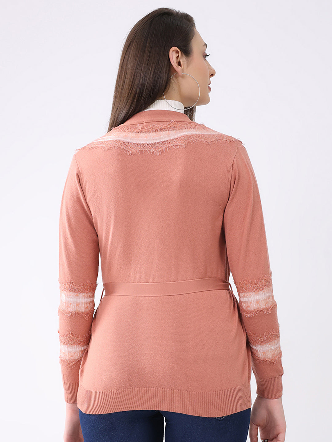 Women Pink Self Design Front Open Full Sleeve Cardigan