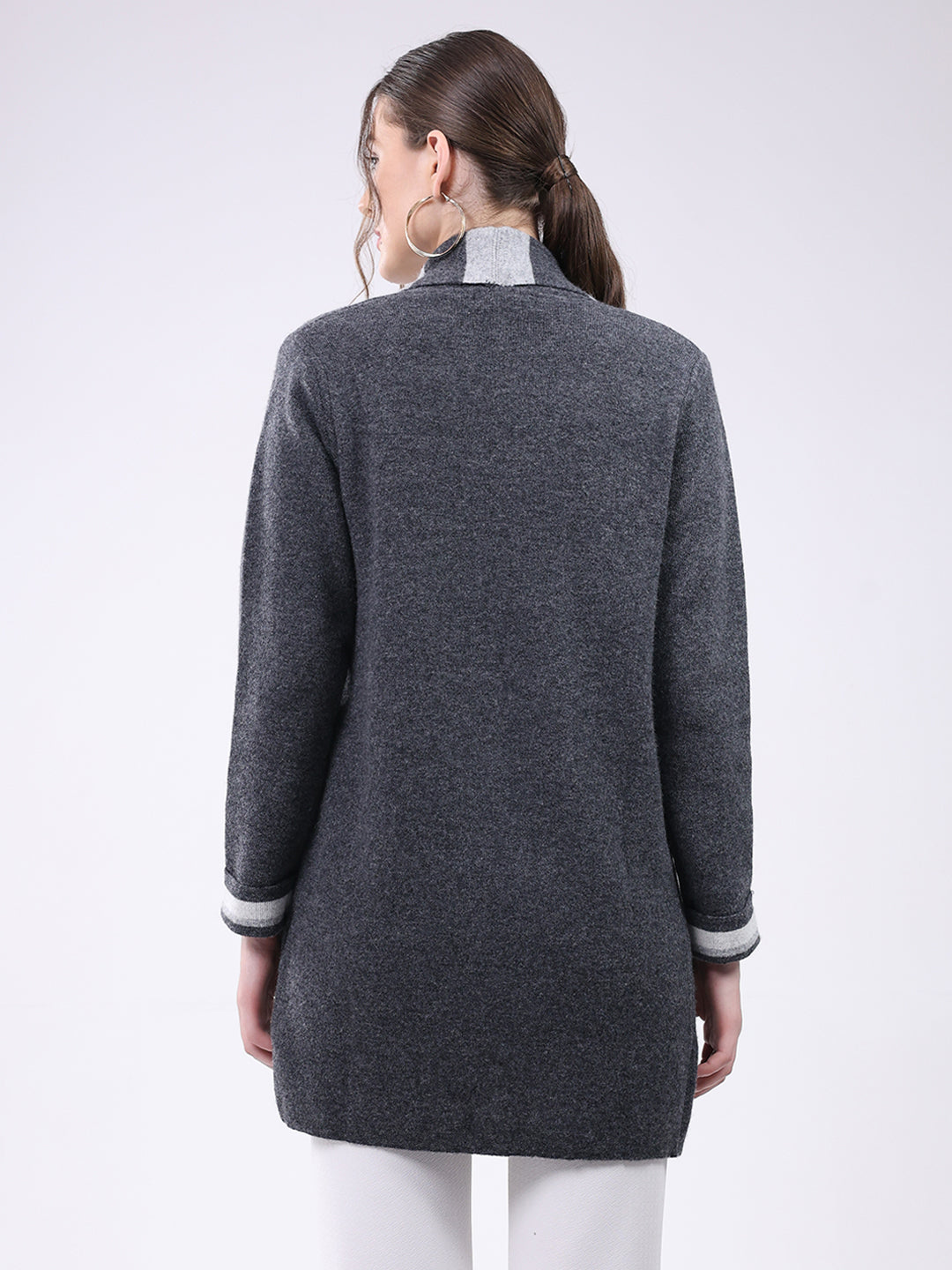 Women Grey Self Design Notch Lapel Collar Full Sleeve Cardigan