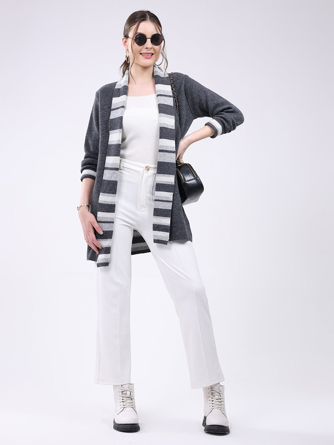 Women Grey Self Design Notch Lapel Collar Full Sleeve Cardigan