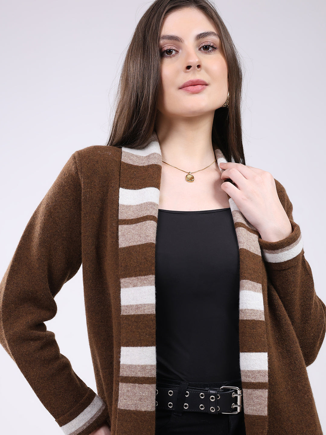 Women Brown Self Design Notch Lapel Collar Full Sleeve Cardigan