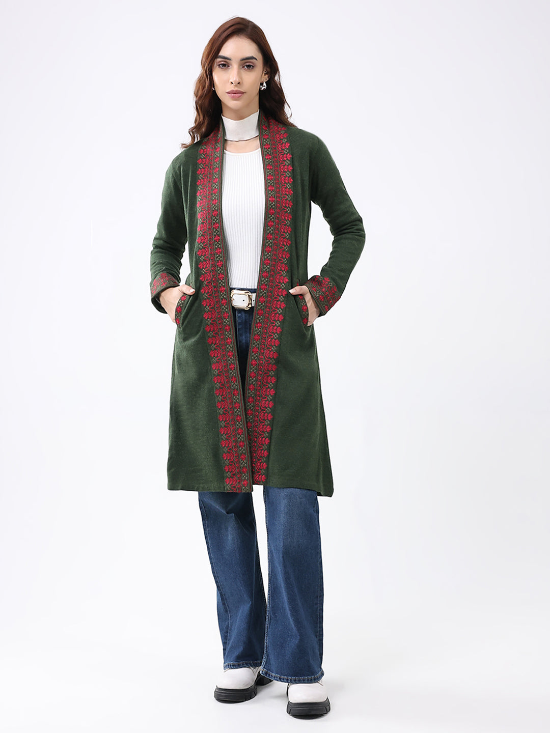 Women Olive Self Design Collar Full Sleeve Cardigan