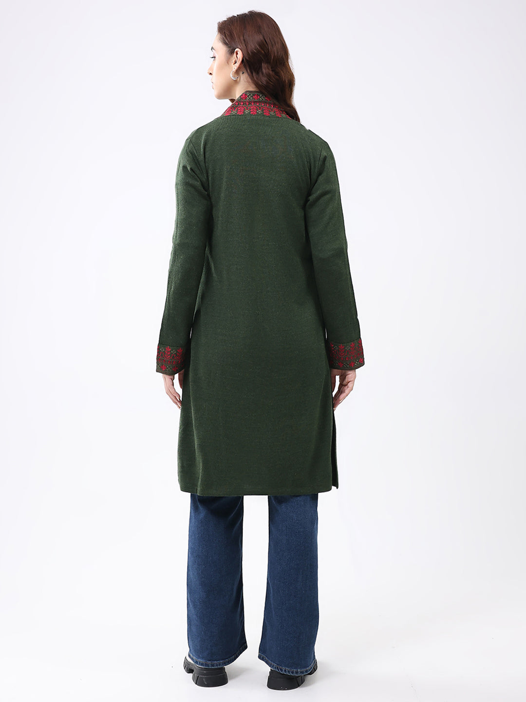 Women Olive Self Design Collar Full Sleeve Cardigan